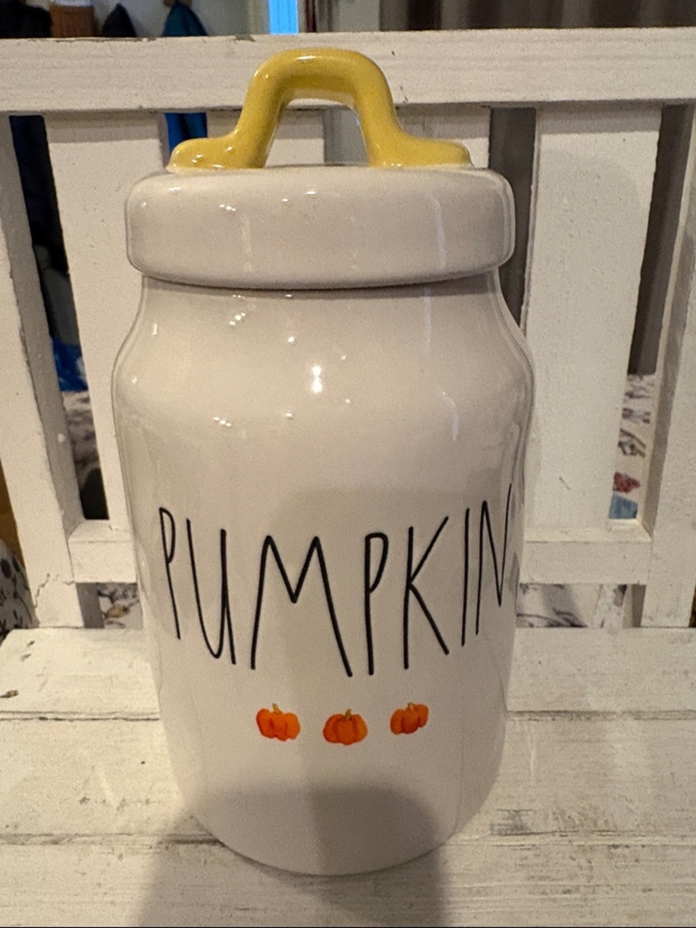 Rae Dunn White Pumpkin Canister with Yellow Lid
